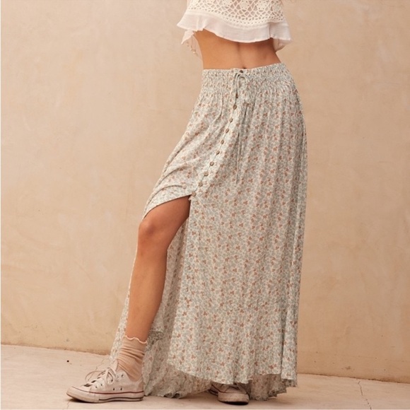 Promesa Sand Floral Smocked Waist Button High Low Maxi Skirt - Picture 7 of 12